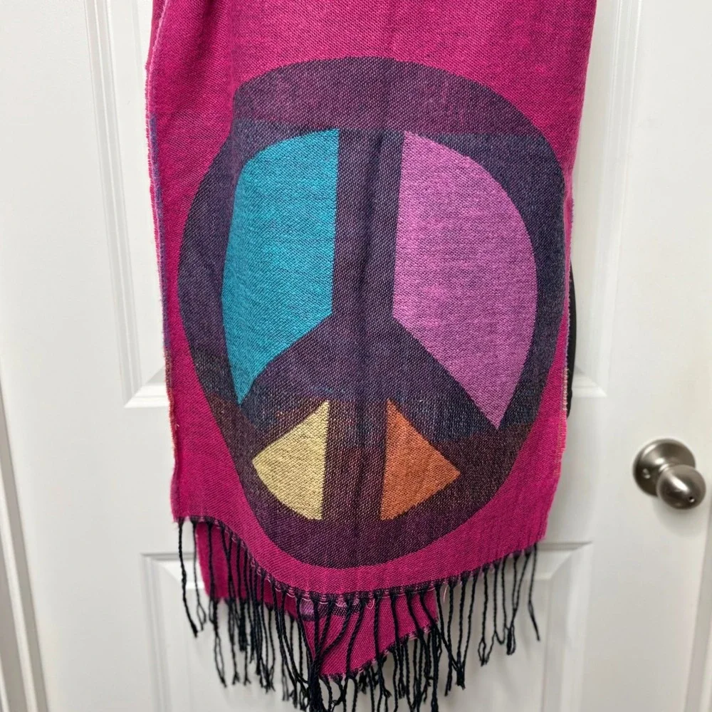 Peace Love Bright Magenta Graphic Scarf Recycled Polyester Fringe Wrap Pashmina